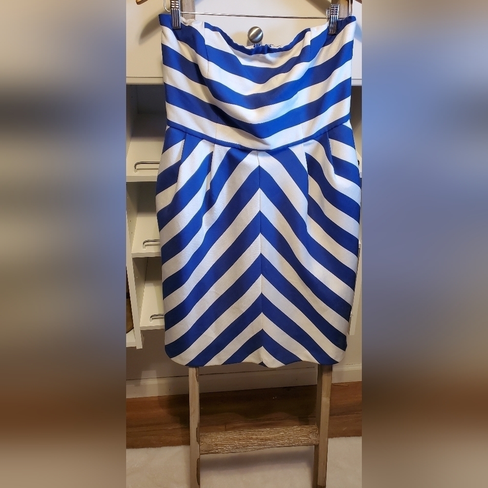 Blue/white strapless Midi